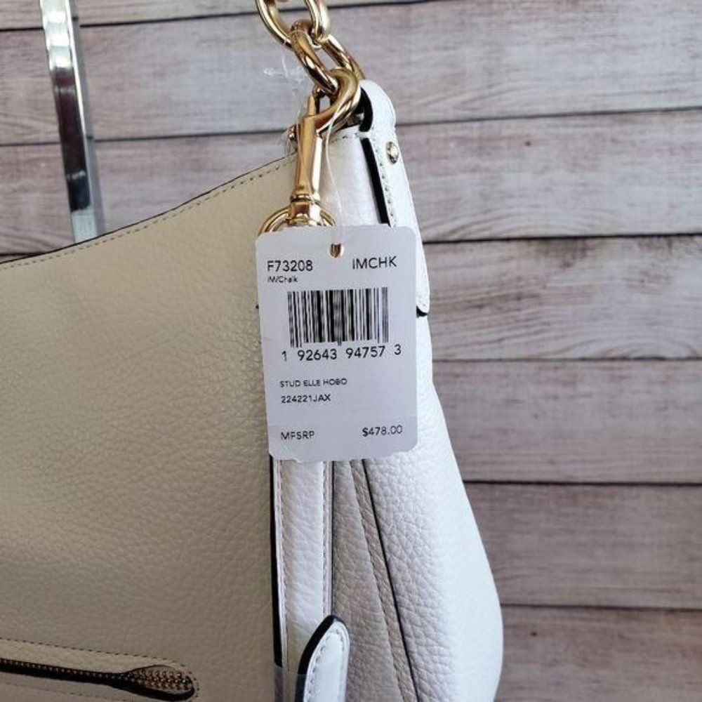 Coach Studded Elle Hobo Refined Pebble Leather Shoulder Crossbody Handbag Chalk - Picture 14 of 15